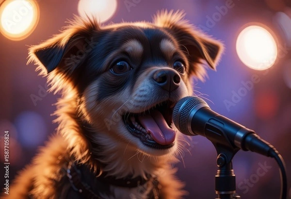 Fototapeta Adorable Dog Performing on Stage with Microphone and Spotlight, Dog performing with microphone on stage