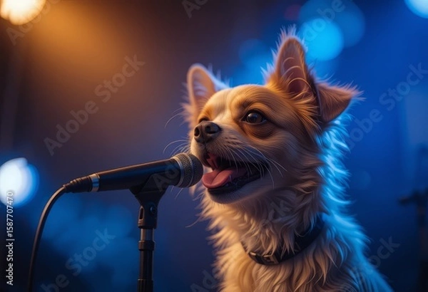 Fototapeta Adorable Dog Performing on Stage with Microphone and Spotlight, Dog performing with microphone on stage