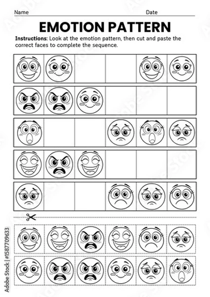 Fototapeta Emotion Pattern Cut and Paste Worksheets for Kindergarten to Grade 3, Feelings Recognition, SEL Activity, Social Emotional Learning, Back to school