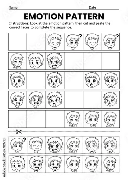 Fototapeta Emotion Pattern Cut and Paste Worksheets for Kindergarten to Grade 3, Feelings Recognition, SEL Activity, Social Emotional Learning, Back to school