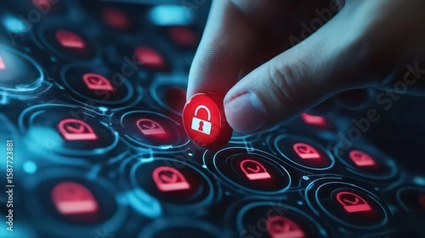 Fototapeta Hand selecting a red lock icon from a grid of security symbols on a digital interface screen