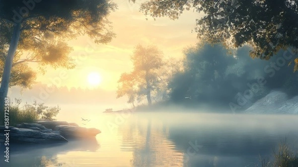 Fototapeta Foggy sunrise over a lake with a calm and peaceful atmosphere