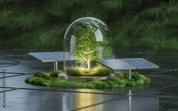 Fototapeta A small tree inside a glass dome surrounded by solar panels and moss on a dark reflective surface eco concept