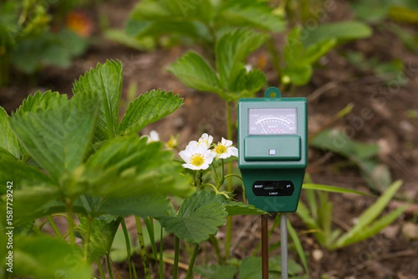 Obraz Close-Up of Soil Moisture Meter in Strawberry Plant Garden