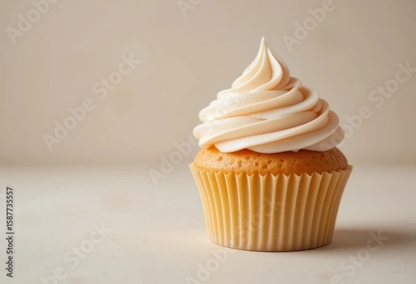 Fototapeta Vanilla Cupcake with Swirled Frosting on Soft Pink Background,  Vanilla cupcake with frosting