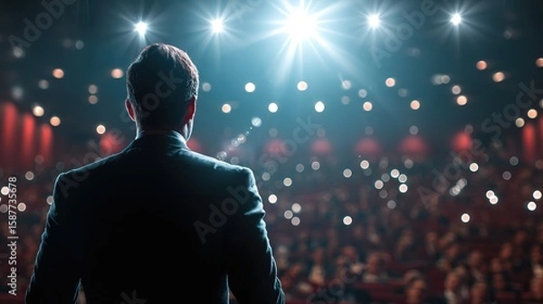 Fototapeta Business speaker presenting on stage, conveying leadership and vision with dynamic presence