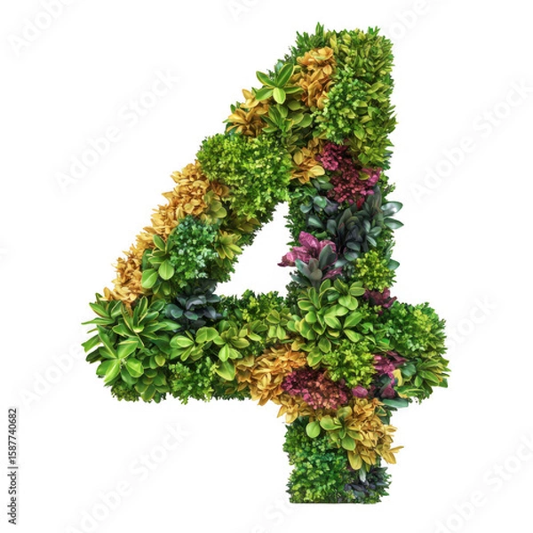 Fototapeta Colorful bush trimmed in the shape of number 4 isolated on transparent background