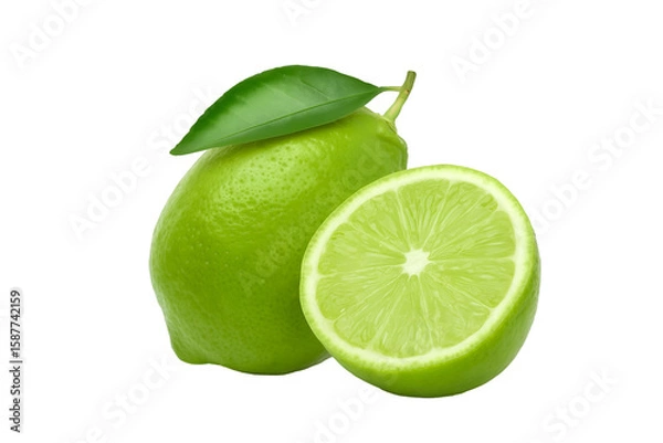 Fototapeta Fresh Green Lime with Leaf and Half Cut Lime Isolated on Transparent Background