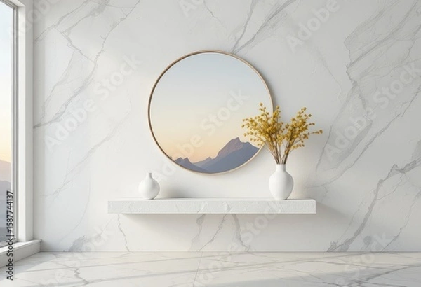Fototapeta Round Wall Mirror Reflecting Mountain View with Minimal Decor, Round mirror with mountain view reflection