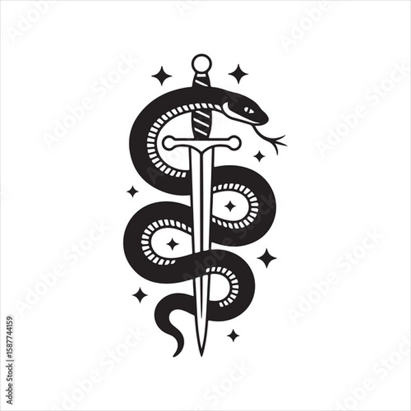Obraz Stylized black snake wrapped around a sword with sparkle accents