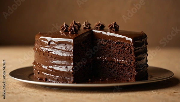 Fototapeta Close-up of chocolate cake placed on a cake stand, brown background.