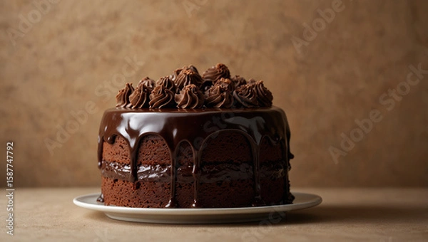 Fototapeta Close-up of chocolate cake placed on a cake stand, brown background.