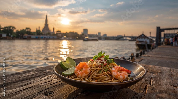Fototapeta Front view of Pad Thai with fresh shrimp on a plate, a traditional Thai food set, with Wat Arun in the background.