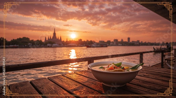 Fototapeta Front view of a bowl of Tom Yum Goong, a traditional Thai food set, with Wat Arun in the background.