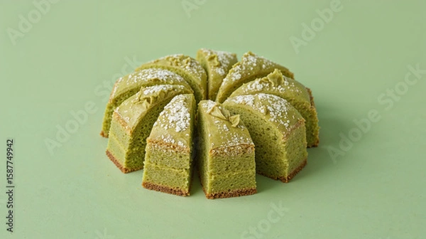 Fototapeta Close-up of green tea latte placed on a cake stand, light green background.