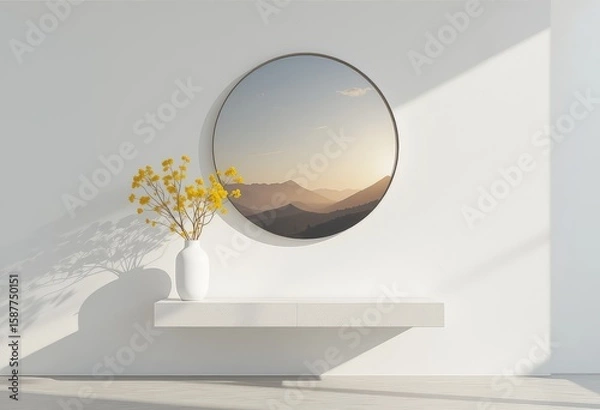 Fototapeta Round Wall Mirror Reflecting Mountain View with Minimal Decor, Round mirror with mountain view reflection
