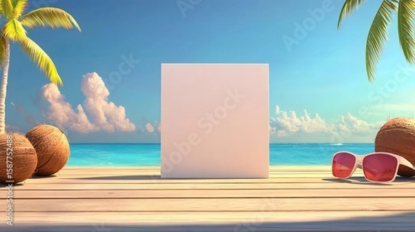 Fototapeta Blank White Canvas on Tropical Beach with Palm Trees and Sunglasses