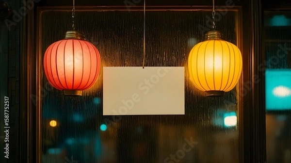 Fototapeta Colorful Lanterns with Blurred Background and Empty Signage for Messages