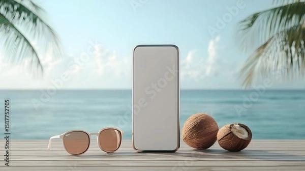 Fototapeta Relaxing Beach Scene with Smartphone, Sunglasses, and Coconut