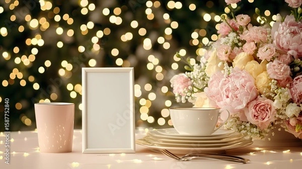 Fototapeta Elegant Table Setting with Flowers and Bokeh Background