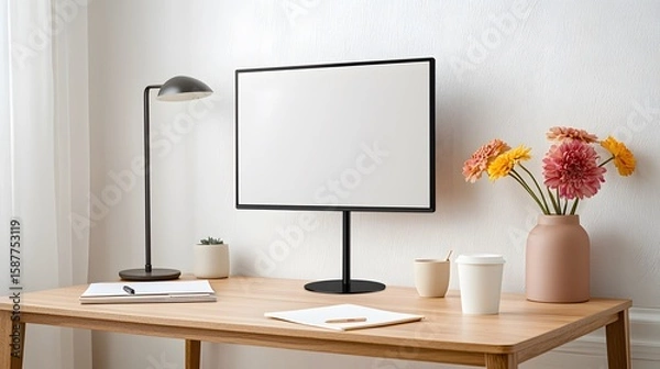 Fototapeta Modern Workspace with Clean Desk, Lamp, Monitor, and Fresh Flowers
