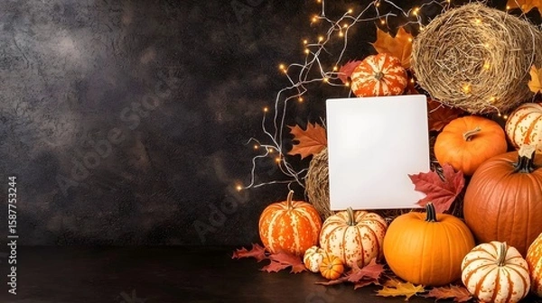 Fototapeta Festive Autumn Scene with Pumpkins, Hay, and Blank Frame for Designs