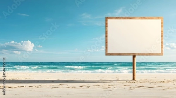 Fototapeta Empty Wooden Signboard on Beautiful Beach with Ocean View
