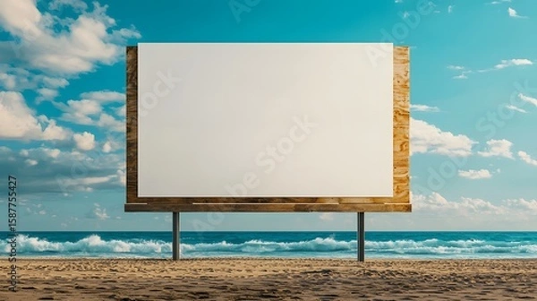 Fototapeta Blank Billboard on a Beach with Ocean Waves and Blue Sky