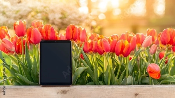 Fototapeta Tablet Displayed in a Vibrant Garden of Colorful Tulips