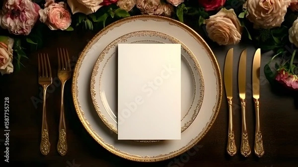 Fototapeta Elegant Table Setting with Blank Card Surrounded by Floral Arrangement