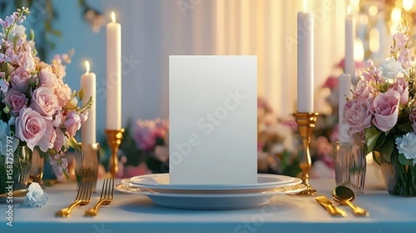 Fototapeta Elegant Dinner Table Setting with Flowers and Candles for Events