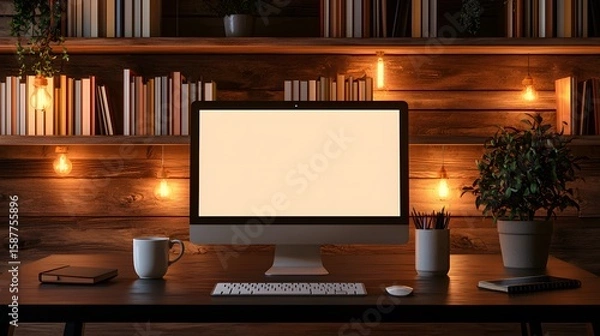 Fototapeta Cozy home office setup with computer, bookshelves, and warm lighting