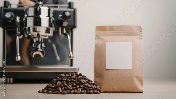 Fototapeta Coffee Beans and Packaging with Espresso Machine in the Background