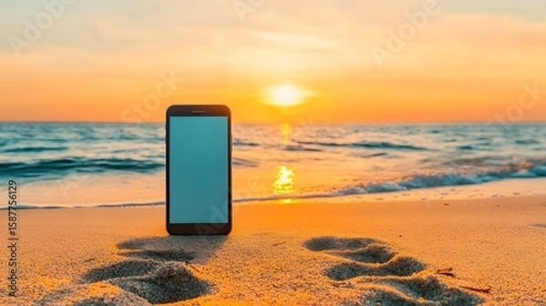 Fototapeta Smartphone on Beach Sand at Sunset with Ocean Waves in Background