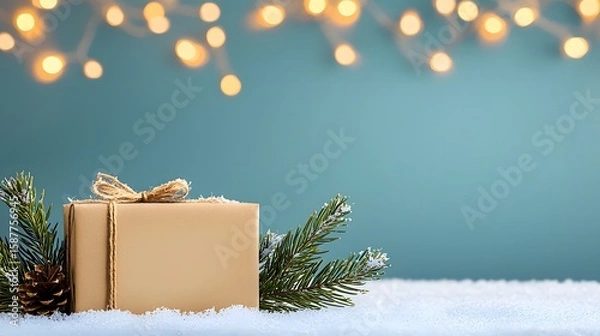 Fototapeta Beautiful Gift Box with Winter Decorations and Soft Bokeh Background
