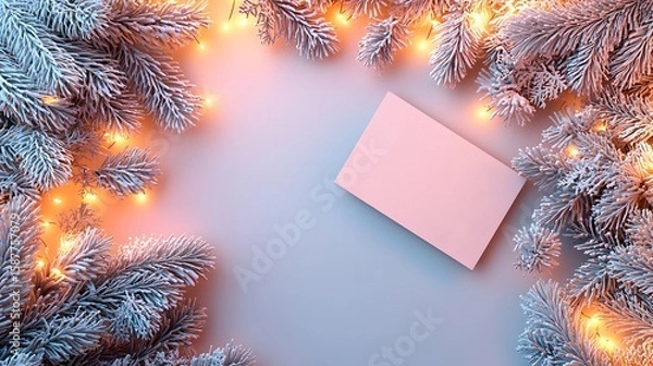 Fototapeta Festive Pink Card Surrounded by Frosted Pine Branches and Lights