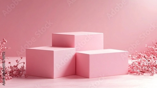 Obraz Pink cube podiums arranged in minimal composition with glowing particles for modern product display or cosmetic branding.