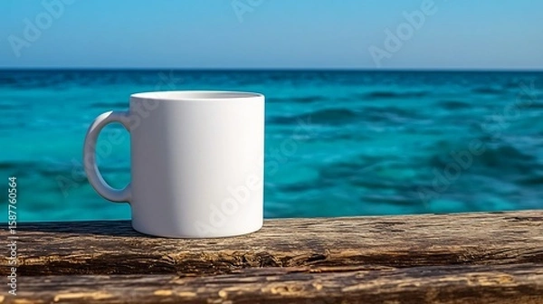 Obraz White ceramic mug placed on wooden surface with ocean background for coffee or drink branding mockup presentation.