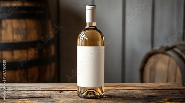 Obraz White wine bottle with blank label on rustic wooden barrel background for alcoholic beverage packaging mockup design.