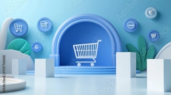 Obraz Blue digital e-commerce concept with shopping cart icon and abstract 3D platform for online retail and technology theme.