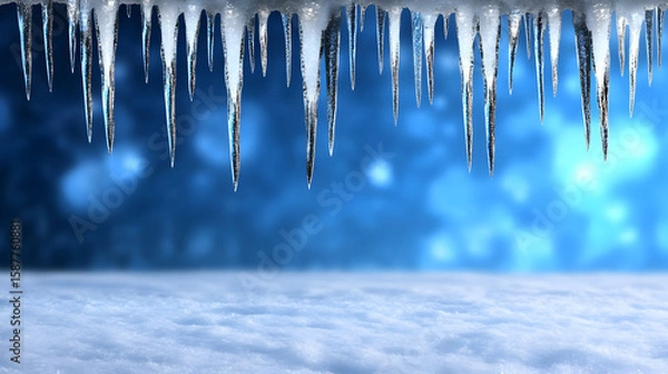 Obraz Blue Snowy Background with Hanging Icicles – Winter Scene with Depth in Daylight