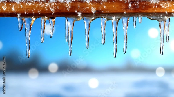 Obraz Blue Snowy Background with Hanging Icicles – Winter Scene with Depth in Daylight