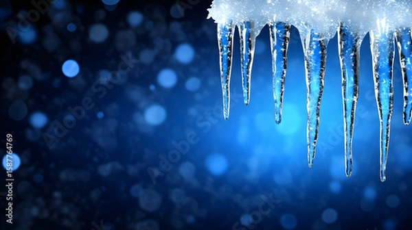 Obraz Blue Snowy Background with Hanging Icicles – Winter Scene with Depth in Daylight