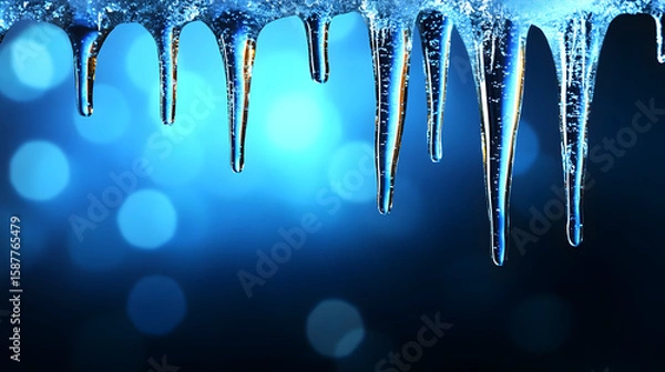 Obraz Blue Snowy Background with Hanging Icicles – Winter Scene with Depth in Daylight