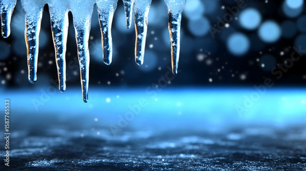 Obraz Blue Snowy Background with Hanging Icicles – Winter Scene with Depth in Daylight