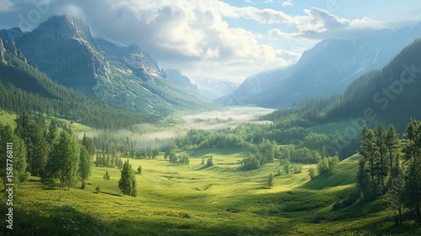 Fototapeta A picturesque valley with fog nestled between mountains and lush green trees under a cloudy sky view