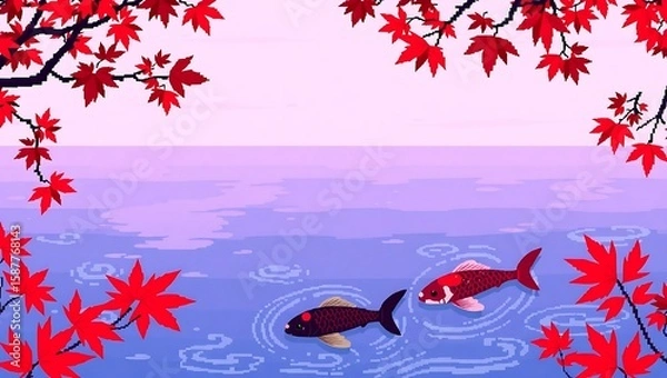 Fototapeta 8-bit pixel art of a peaceful koi pond in a Japanese garden, water reflecting soft pink and purple skies, dark maroon koi swimming gently, surrounded by red maple leaves