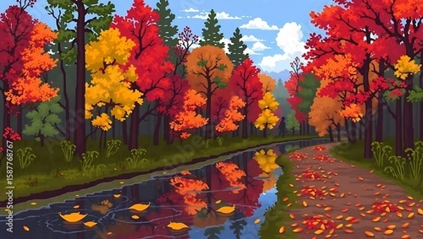 Fototapeta 8-bit pixel art of a quiet autumn river trail, pixel leaves drifting downstream, colorful tree reflections, forest stillness, nostalgic game feel