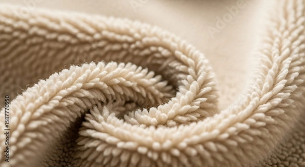 Fototapeta Close-up of soft, textured, beige fleece fabric with a swirling pattern, showcasing its plush and cozy nature.
