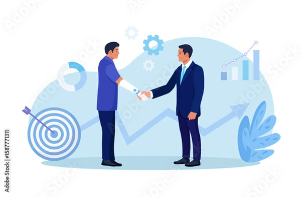 Fototapeta Disabled man with prosthesis shaking hands with colleague. Businessman handshake with employee with disability. Employment contract agreement. Business collaboration, partnership